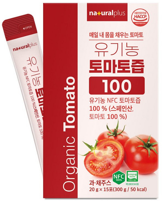 유기농 토마토 즙 주스 100 무첨가 NFC 착즙 과채음료 스틱 내츄럴플러스, 1박스, 300g