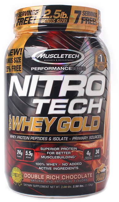 Muscletech Health NITRO TECH GOLD分離乳清蛋白粉, Double Rich Chocolate, 1.13kg, 1罐