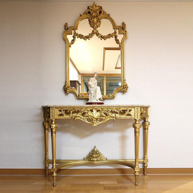 이태리금장가구 발라비오 카키색 대리석 골드콘솔 888 금장거울888 세트, 골드