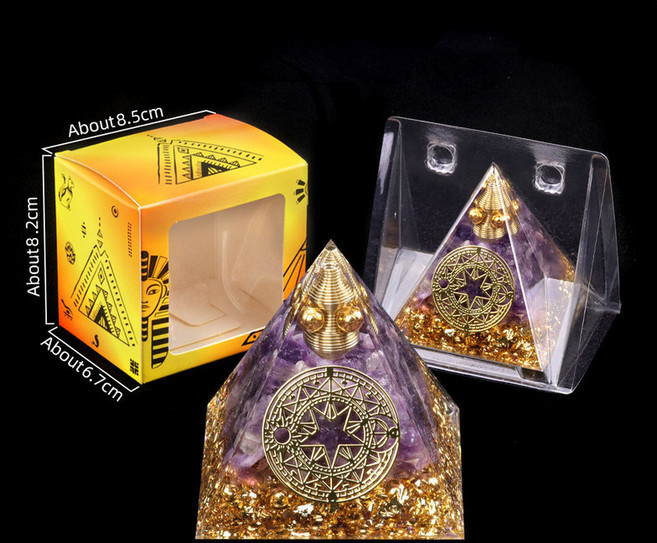 樹脂膠包裹水晶碎石金字塔擺件 家居小擺件 盒裝, 紫水晶+銅線