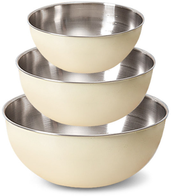 퀸센스 컬러 믹싱볼 3종세트 계량눈금 베이킹 세척볼 샐러드, 1개, 베이지