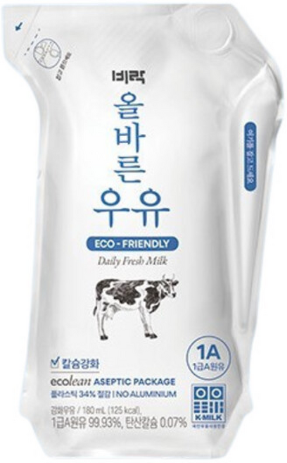 비락 올바른 우유, 180ml, 24개