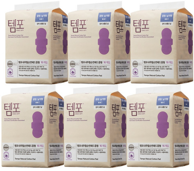 템포 생리대 유기농 중형, 16매입, 6개