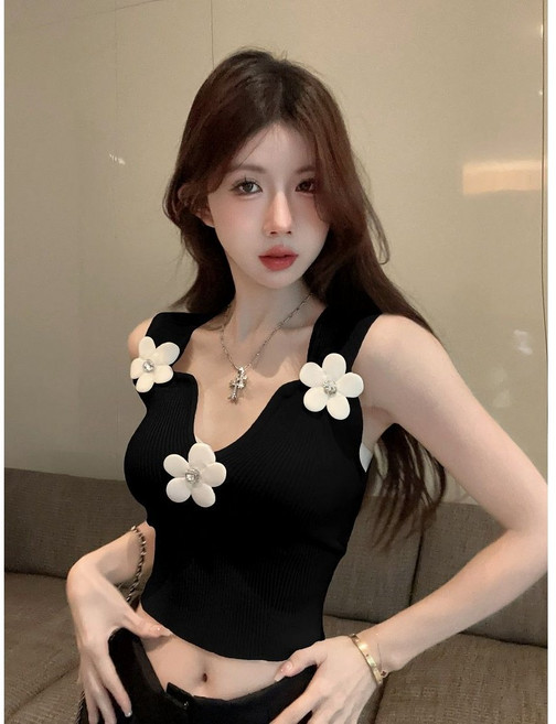 COSYEVNO 여성 여름 슬림핏 니트 나시 플라워 장식 탑 BCXwx-1