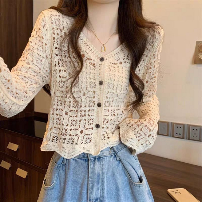 Makone 여성 후크니트핏 펀칭 니트 가디건 캐주얼 심플 데일리룩
