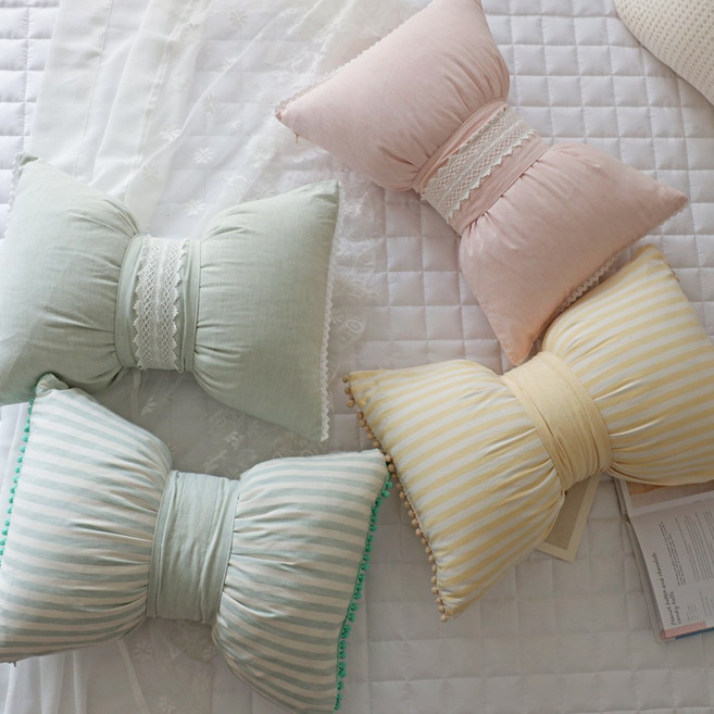 코지코튼 파스텔 폼폼 리본쿠션, 브라운스트라이프