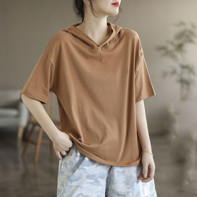 라부라카 여름 중년여성 후드 반팔 티셔츠 빅사이즈 캐주얼 순면 후드티 루즈핏 상의 30 50대 기질 심플 무지 반팔 여자상의
