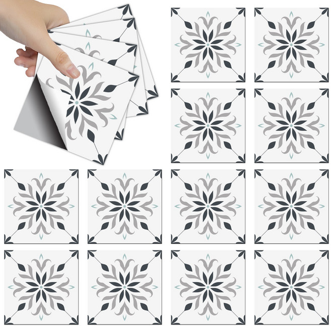 PVC 타일 시트지 세트 다양한 패턴 방수 주방 욕실 리폼 장식 10x10cm 1세트 총 36개, 심플한 꽃