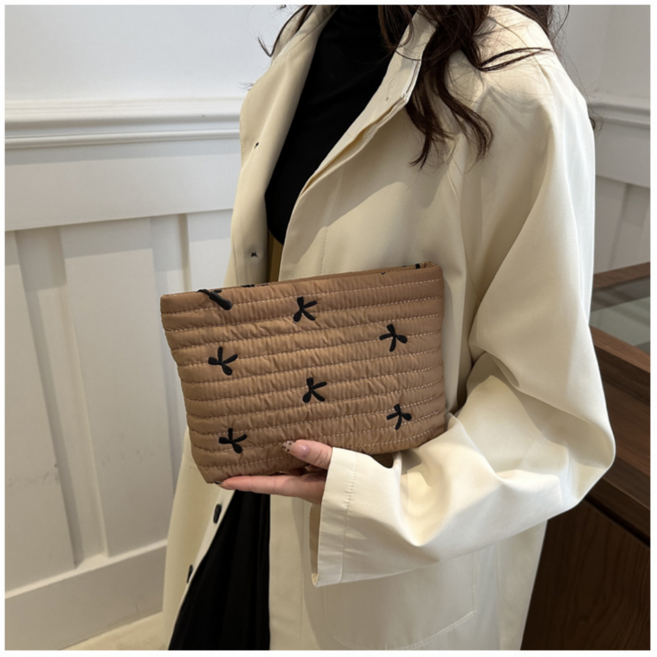 [자수 수납파우치] 사계절용 중간사이즈 지퍼형 파우치 6가지 컬러 모음/핫핑 아이보리 블랙 노랑 브라운 연핑