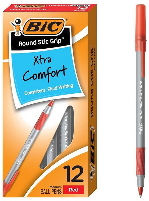 BIC Round Stic Grip 엑스트라 컴포트 레드 볼펜 미디엄 포인트(1.2mm) 12개입 팩 탁월한 편안함과 제어력을 위한 부드러운 그립이 있는 탁월한 필기 펜, BIC Round Stic Grip 엑스트라 컴포트 레, Red