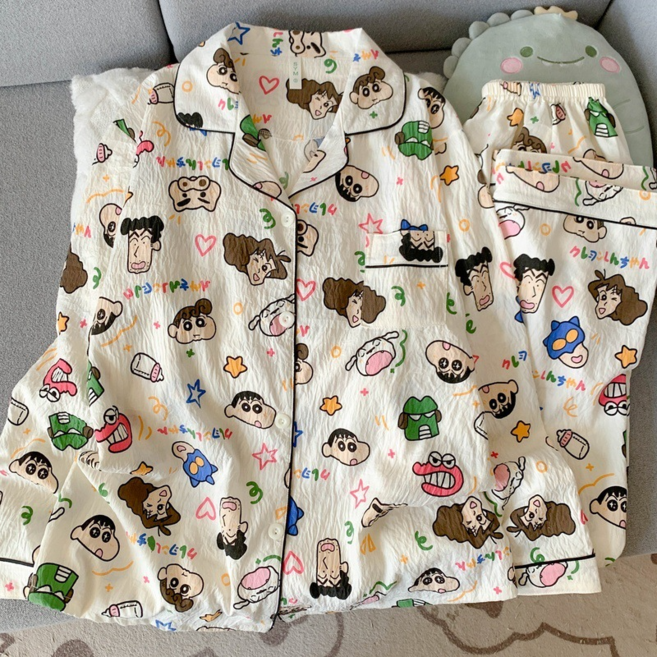 草莓條紋長袖睡衣女春秋季家居服套裝 帶胸墊