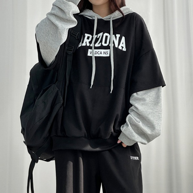 [자체제작] 아리조나 오버 레이어드 후드티 3컬러 여성 학생 교복 오버핏 루즈핏 빅사이즈 레터링 배색 기모 겨울
