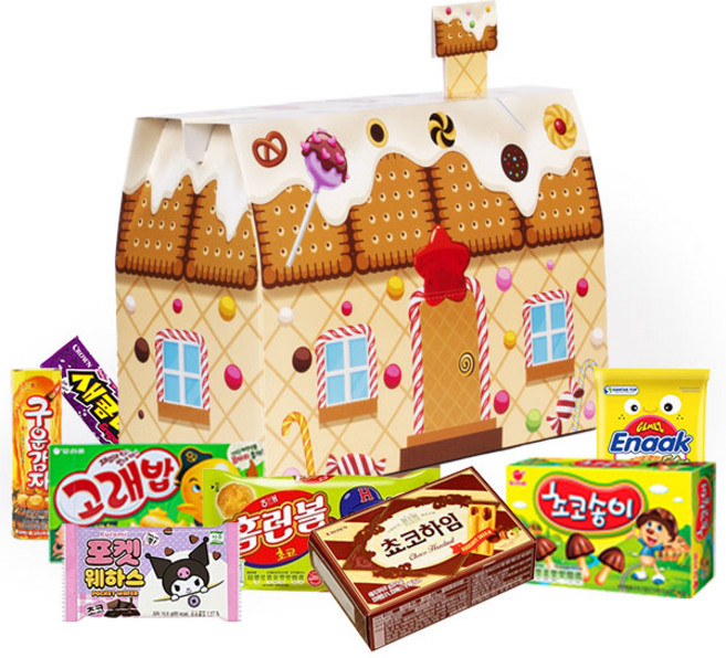달달한 나만의 집 쿠키하우스 종합선물세트 포카칩 초코하임 초코송이 핵아이셔 프링글스 오마이봉 미니벨 네모스낵 까먹는 망고 젤리, 1개, 아이들 쿠키하우스 8종