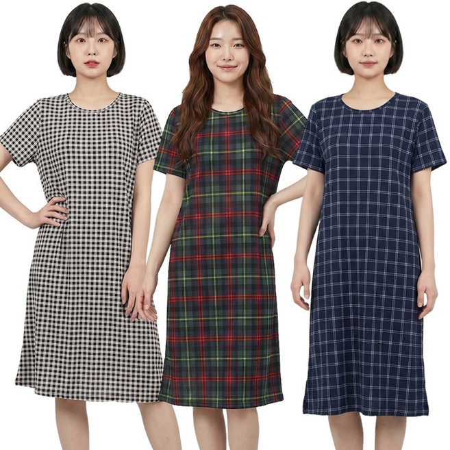 까실이 체크 반팔원피스 여성 쿨 아이스 파자마 홈웨어 여름 잠옷 원피스