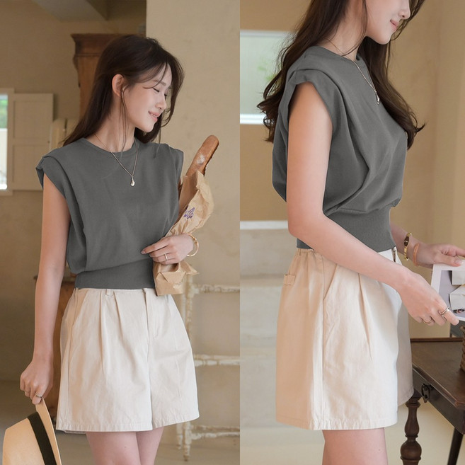 데일리앤 클로이 여성 여름 세미 크롭 캡소매 썸머 반팔 나시 니트 티