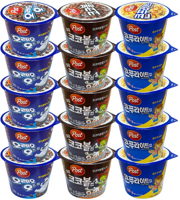 동서 포스트 컵시리얼 30g 15개 ( 콘푸라이트 5 + 오레오오즈 5 + 오곡코코볼 5 )