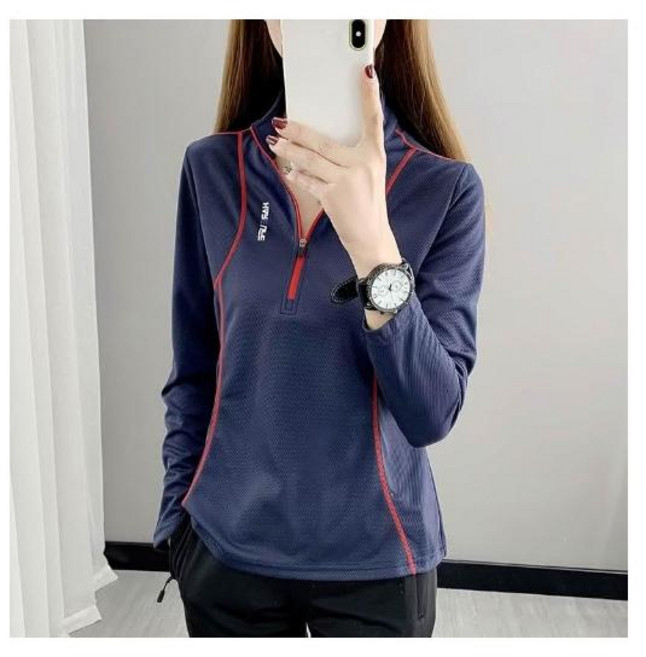 運動上衣女吸濕排汗透氣速乾運動衣 輕薄寬鬆跑步高彈性排汗衣 時尚簡約半拉鏈立領運動服 大尺碼女生夏天健身衣戶外防曬休閒上衣