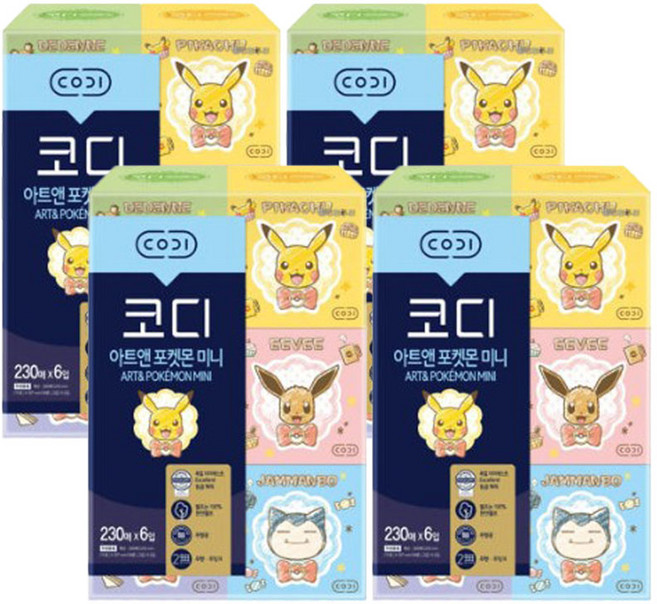 코디 포켓몬 아트앤 천연펄프 미니 각티슈 갑티슈 230매 6입 4팩, 코디 포켓몬 아트앤 천연펄프 미, 24개