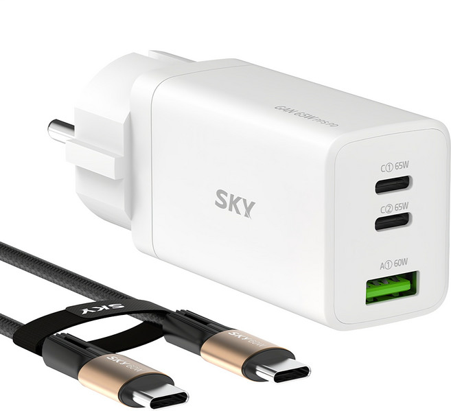 SKY 필 접지형 GaN 65W 멀티 3포트 PPS PD 초고속 C타입 유선 충전기 + 60W 초고속 충전 케이블 1.2m 세트, 화이트, 1세트