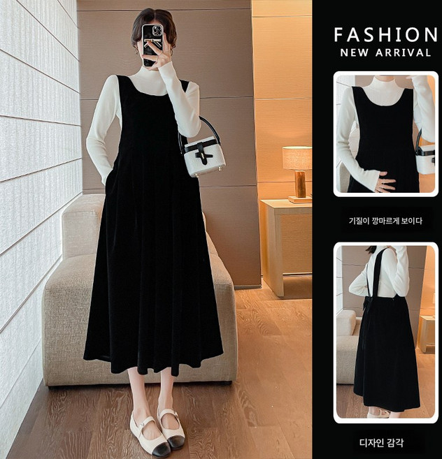 추동 벨벳 플리츠 리본 멜빵 스커트+니트 이너 투피스 임부 스커트