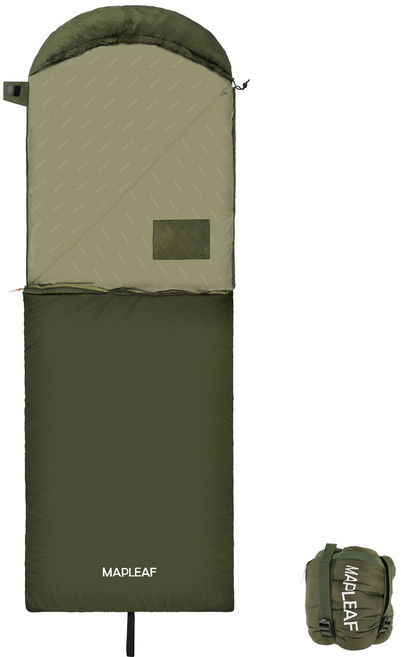MAPLEAF 1인용 침낭 경량 봉투 후드 침낭 휴대용 방수 면 소재 야외용 침낭 세탁기 3계절 침낭 캠핑 이불 캠핑 침낭 압축팩포함, 1개, Green/Right-hand zipper