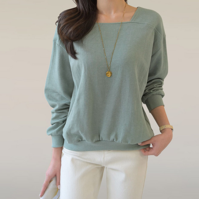 데일리앤 쇼트 여성 루즈핏 절개 라인 스퀘어넥 맨투맨 티셔츠 봄 가을 부드러운 긴팔 무지티