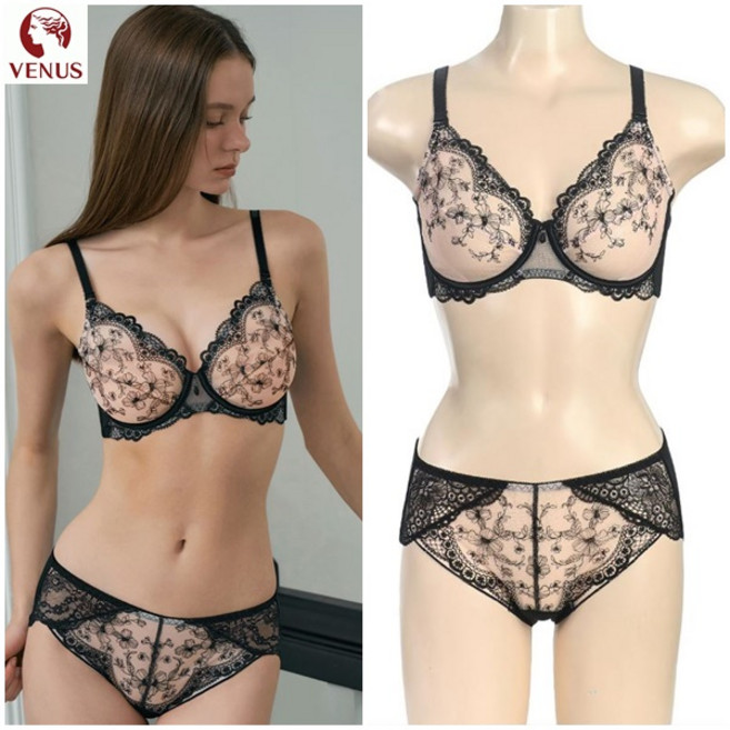 비너스 블랙라벨 이월 50% 초특가 할인중!! 고급스러우면서도 화려한 투톤 홑겹 브라 팬티 BK
