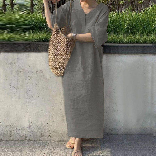 女裝夏季V領短袖寬鬆長款連衣裙, 灰色,M, 灰色