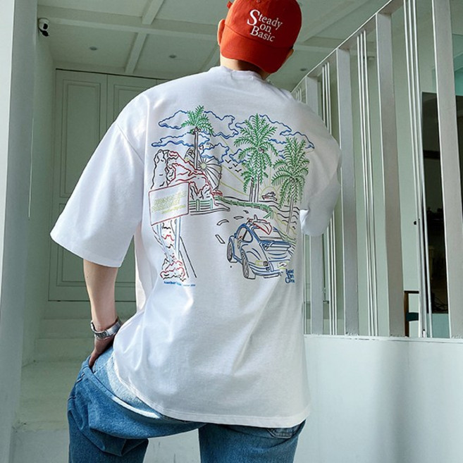 테이크잇컴퍼니 남자 자동차 백프린팅 오버핏 아이스 분또 반팔 티셔츠