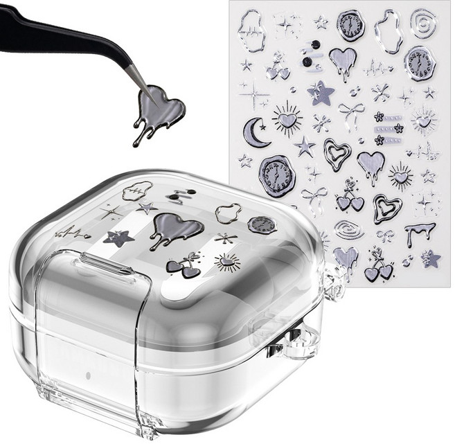 더조은셀러 에어스킨 버꾸 DIY 스티커 꾸미기 핀셋 포함 키트 케이스 갤럭시 버즈4 버즈4 프로 호환, 1세트, 투명+크롬하트, 갤럭시 버즈4/프로(공용)