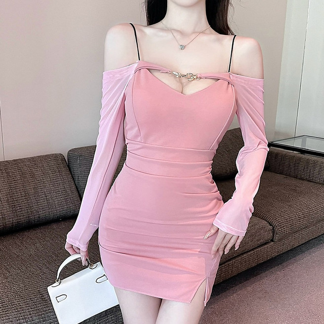 글램디브 나라넨 골드 포인트 트임 끈나시 미니원피스 AJ1013