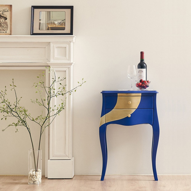 [리뷰이벤트] 유캐슬 피에르 골드엣지 엔틱 원목 협탁 콘솔 사이드 테이블_착불배송, 블루