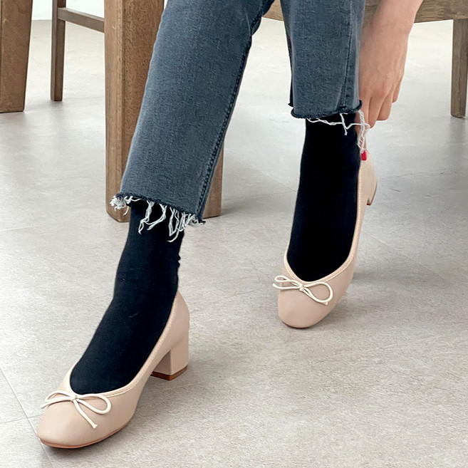 엠에스어패럴 리본 플랫 여성화 미들굽 펌프스힐 4.5cm