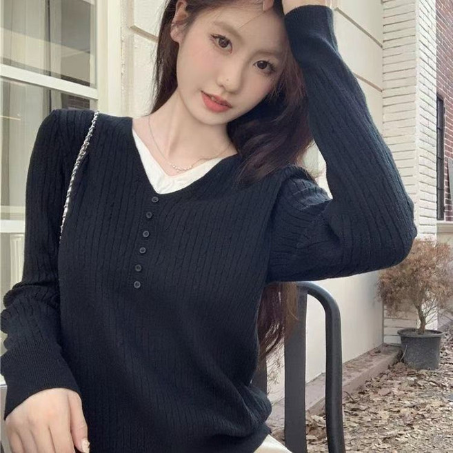 해월성 여성 캐주얼 브이넥 긴팔티 꽈배기 니트