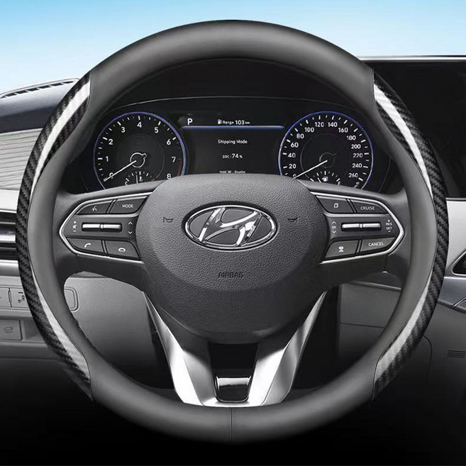 현대 전차종 호환 프리미엄 나파 가죽 카본 핸들커버, 원형(H-02), 블랙 카본