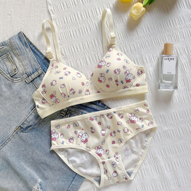 티류으스 러블리 키티 캣 고양이 캐릭터 불륨업 노와이어 브라 삼각컵 브라+팬티 세트 여성 속옷 세트