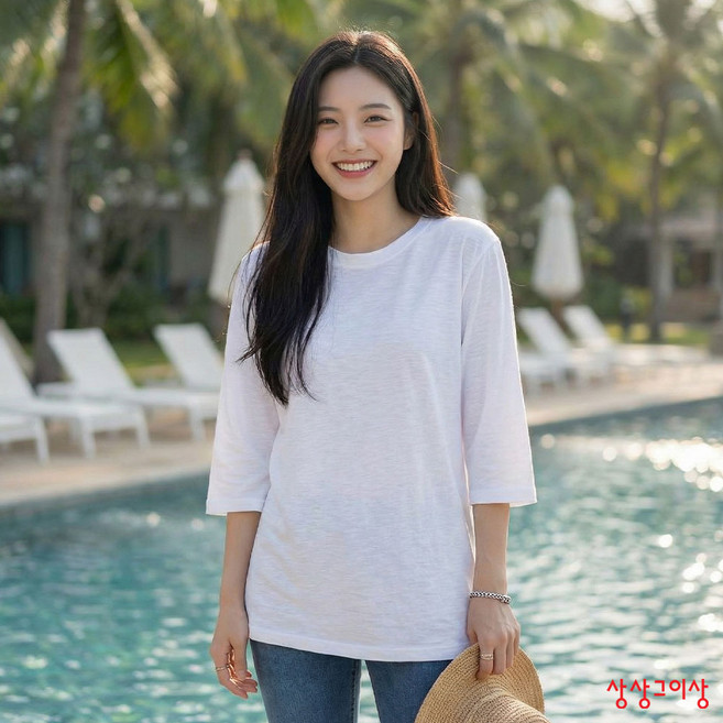 상상그이상 여성용 국내제작 슬럽 라운드 7부 티셔츠 시원한 슬라브소재 어디에나 코디 가능한 사계절 간편한 무지티셔츠 데일리템