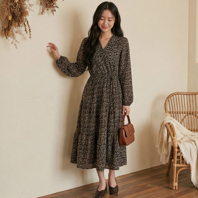 이벨프 D120-8 빅사이즈 여성 플라워 랩 브이넥 긴소매 롱 원피스