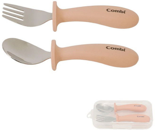 日本 Combi 康貝 不鏽鋼學習叉匙組, 粉色, 1套