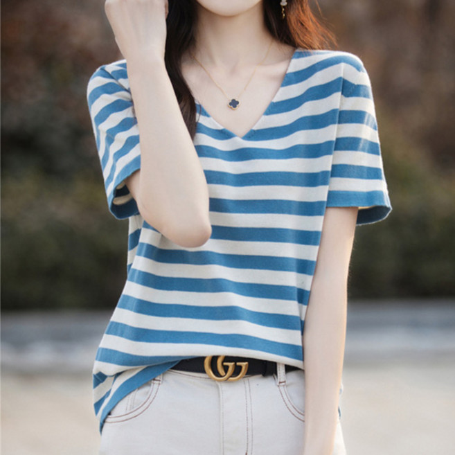 여성용 썸머 브이넥 반팔 니트 티