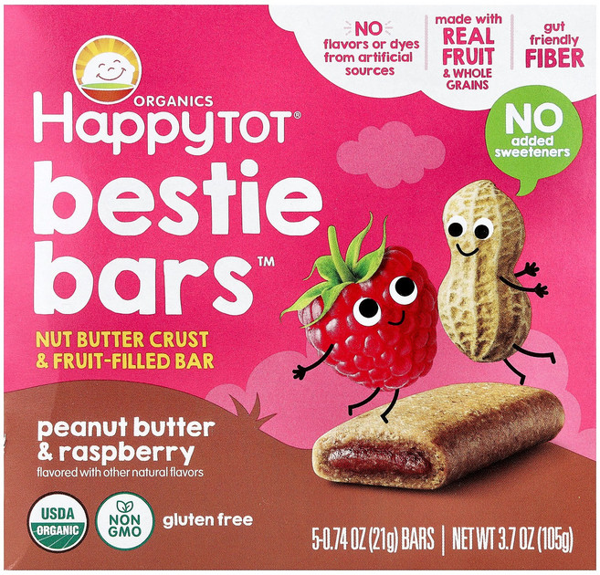 Happy Family Organics Tot® Bestie Bars™ 땅콩 버터 & 라즈베리 바 5개 각 21g(0.74oz) Organics (해피 패밀리 오가닉, Happy Family Organics, Tot®,, 1