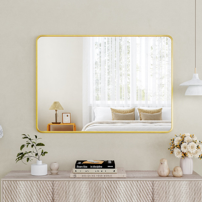 뷰티피크 라운드형 벽거울 화장대거울 욕실거울 강화안전유리, 골드60cm