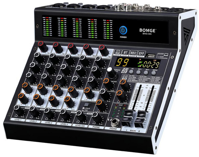 99 DSP 효과 +48V 팬텀 블루투스 USB 인터페이스를 갖춘 BOMGE 프로페셔널 오디오 믹서 6채널 믹싱 콘솔. 스튜디오 녹음 및 라이브 공연을 위한 2 AUX.FX, BMG-06S