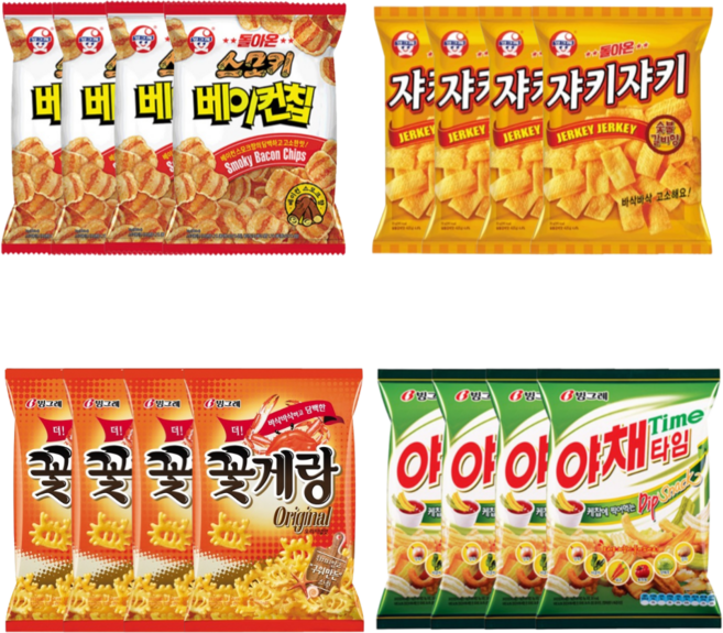 빙그레 스모키베이컨칩+쟈키쟈키+야채타임+꽃게랑 (각70gX4봉씩), 1세트, 1.12kg