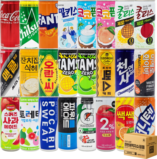 [한번에먹자] 코카콜라 칠성사이다 업소용 캔음료수 24종 혼합세트 환타 조지아 포카리스웨트 파워에이드 게토레이 써니텐 오란씨 맥콜 코코팜 밀키스 토레타 탄산음료 이온음료 캔커피, 1세트