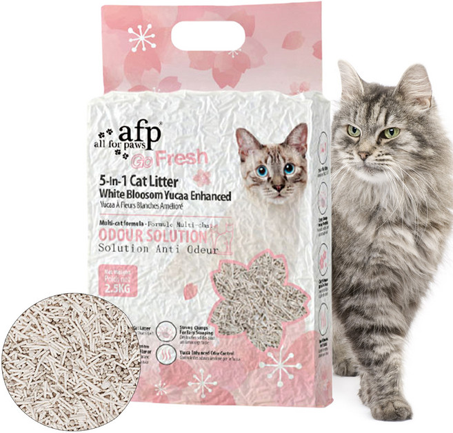 [신상출시!]All For Paws 고양이 5in1 혼합 두부모래 백차유카 탈취 1.5mm 가는입자 변기에 버리는 먼지없는 모래, 벚꽃향, 1개, 6L