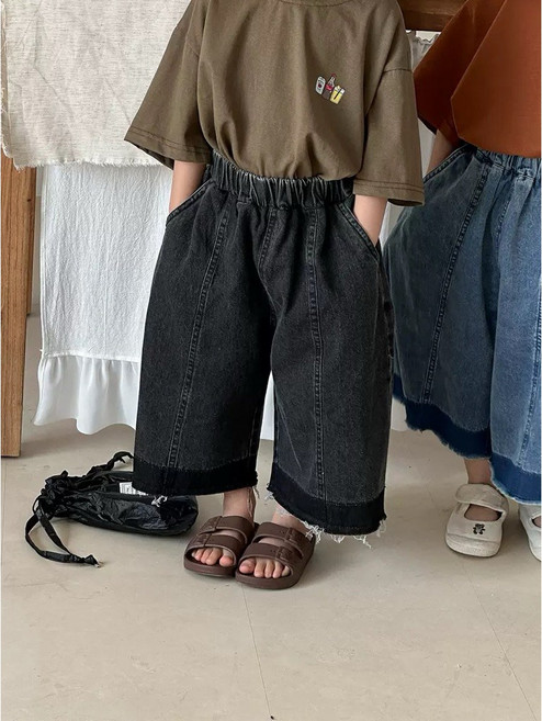 四口甜 男童女童日系撞色毛邊八分寬褲牛仔褲