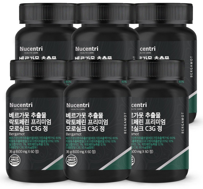 뉴센트리 베르가못 추출물 80% 고함량 지중해 식단 Bergamot 모로실크 C3G 모로오렌지 락토페린 프리미엄 정, 6개, 60정