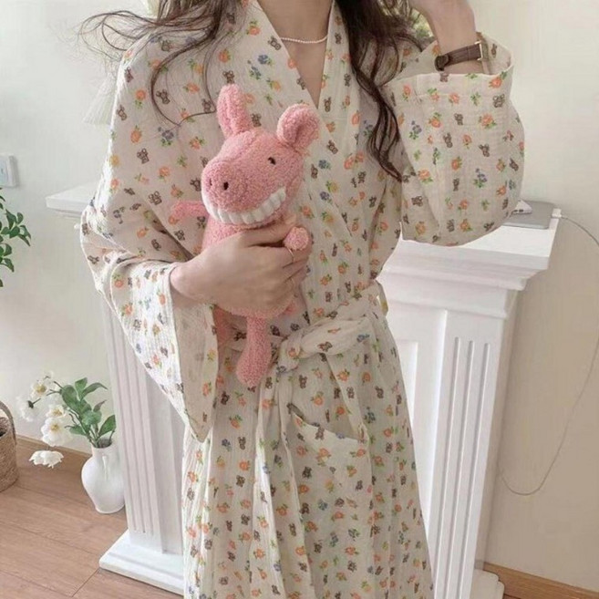 여성 간편한 로브 잠옷 넉넉핏 귀여운 홈웨어 요루면 가운 데일리 파자마