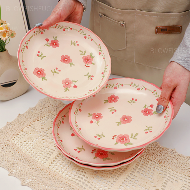 BLOWFISHFUGU 전원풍 복사꽃 접시 세트 예쁜파스타 스테이크접시 20.1cm, 4개, 분홍색